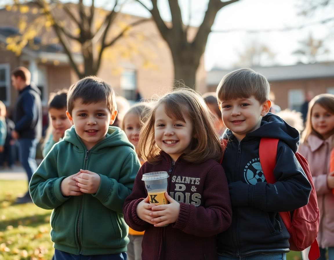 Elementary school students and families at an outdoor event at a Michigan school in fall