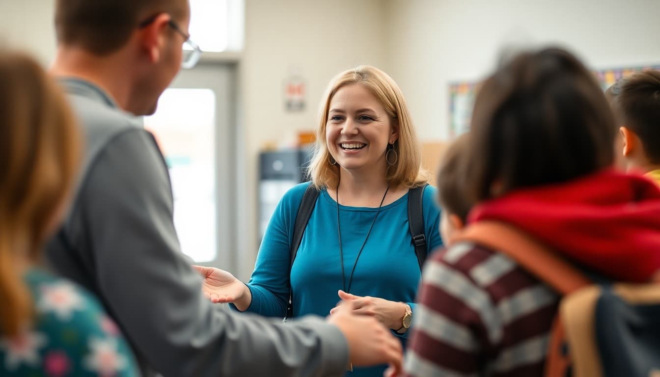Michigan elementary school teacher greeting parents at a school event near the Great Lakes