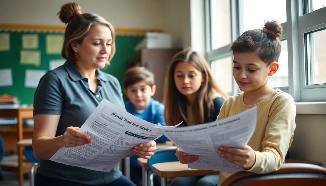 Michigan elementary school teacher reviewing newsletter drafts for K-5 parent communication