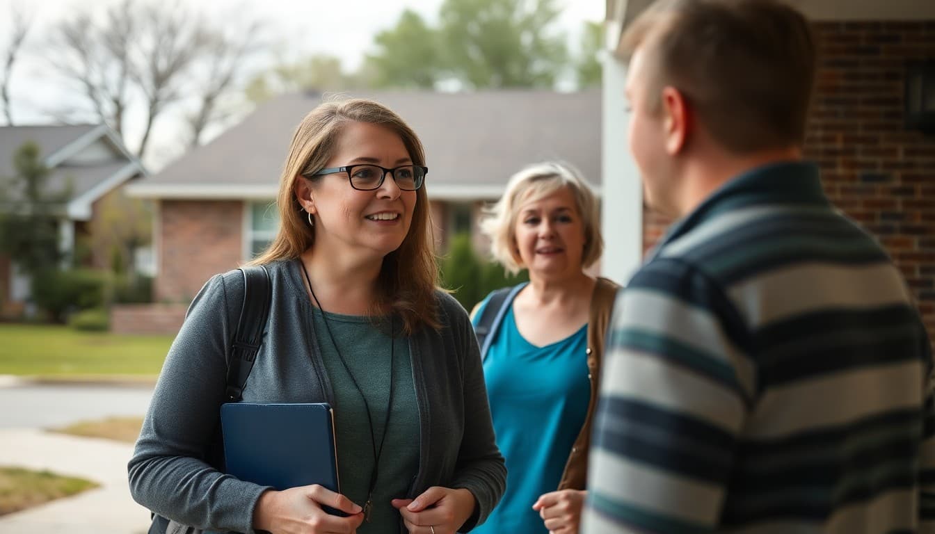 Missouri elementary school teacher talking with a parent outside school in a suburban neighborhood