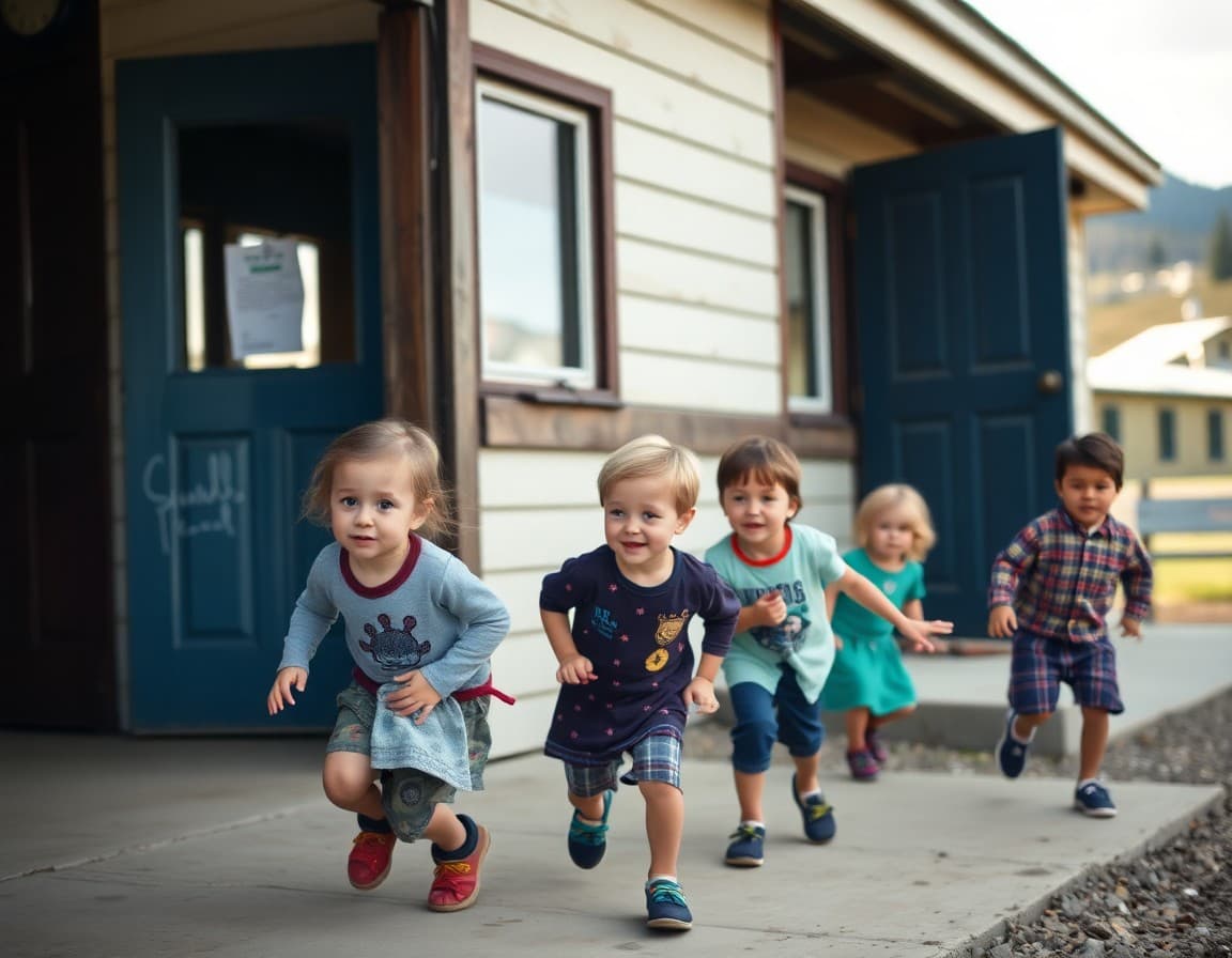 Elementary school children playing outside a Montana school in a rural mountain community