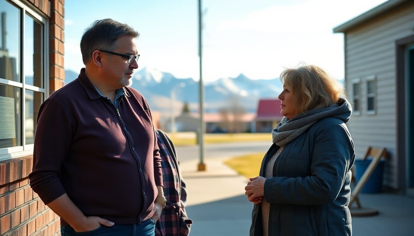 Montana elementary school teacher and parent talking outside a small-town school with mountains visible