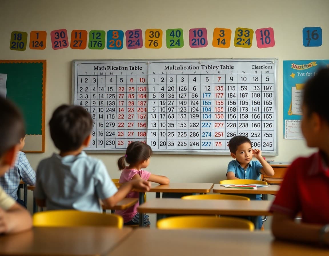 Multiplication table chart displayed in a colorful elementary math classroom