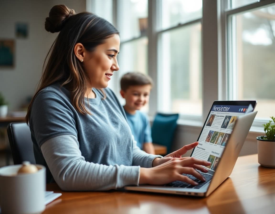 Parent checking school newsletter on a laptop at home in North Carolina