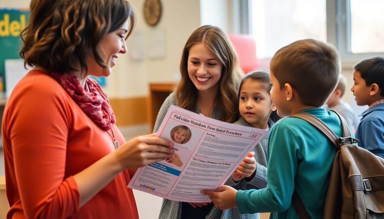 North Carolina elementary school teacher sharing newsletter with family at a school event
