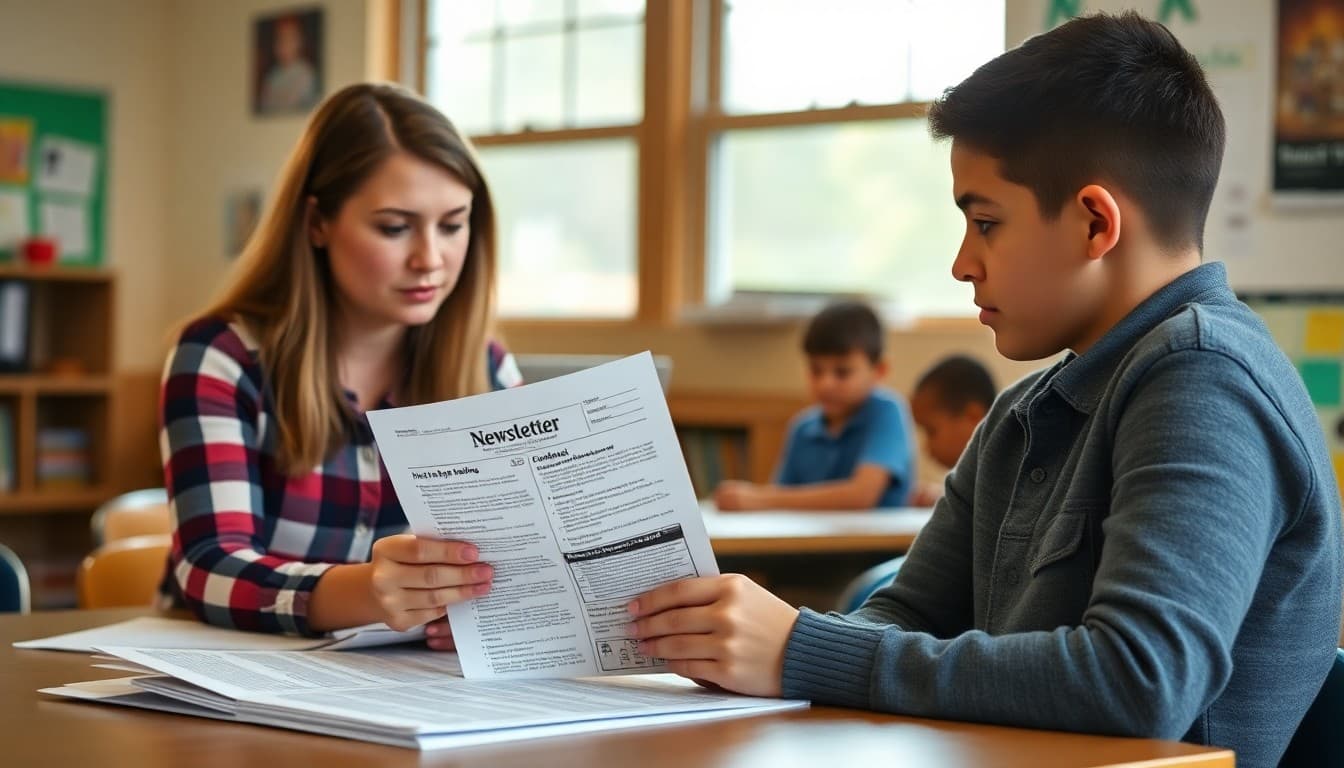 North Carolina elementary school teacher reviewing newsletter drafts for K-5 parent communication