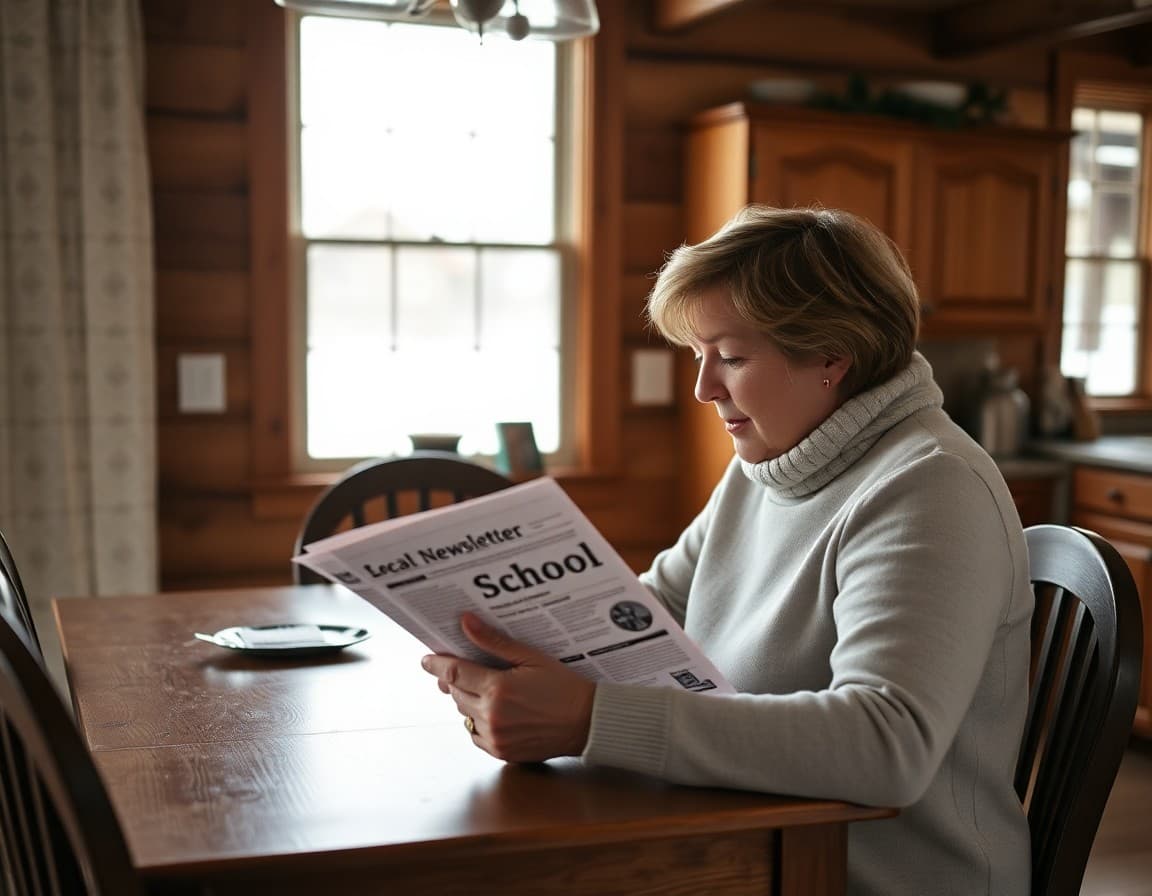 Parent reading school newsletter at kitchen table in North Dakota farmhouse in winter