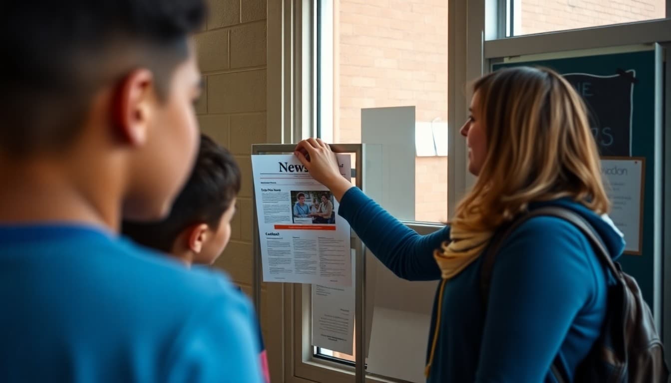 North Dakota elementary school teacher posting newsletter on community board near school entrance