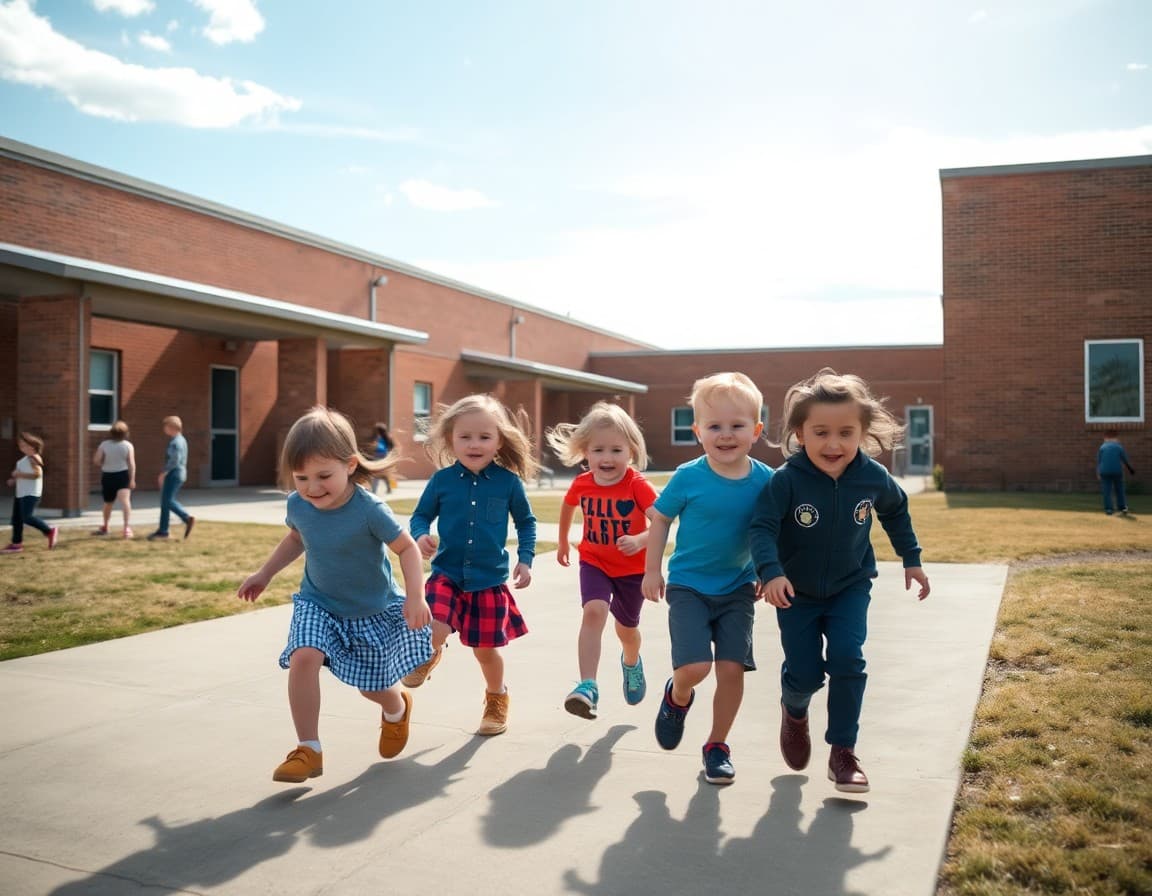 Elementary school children playing outside a Nebraska school with wide open sky in background