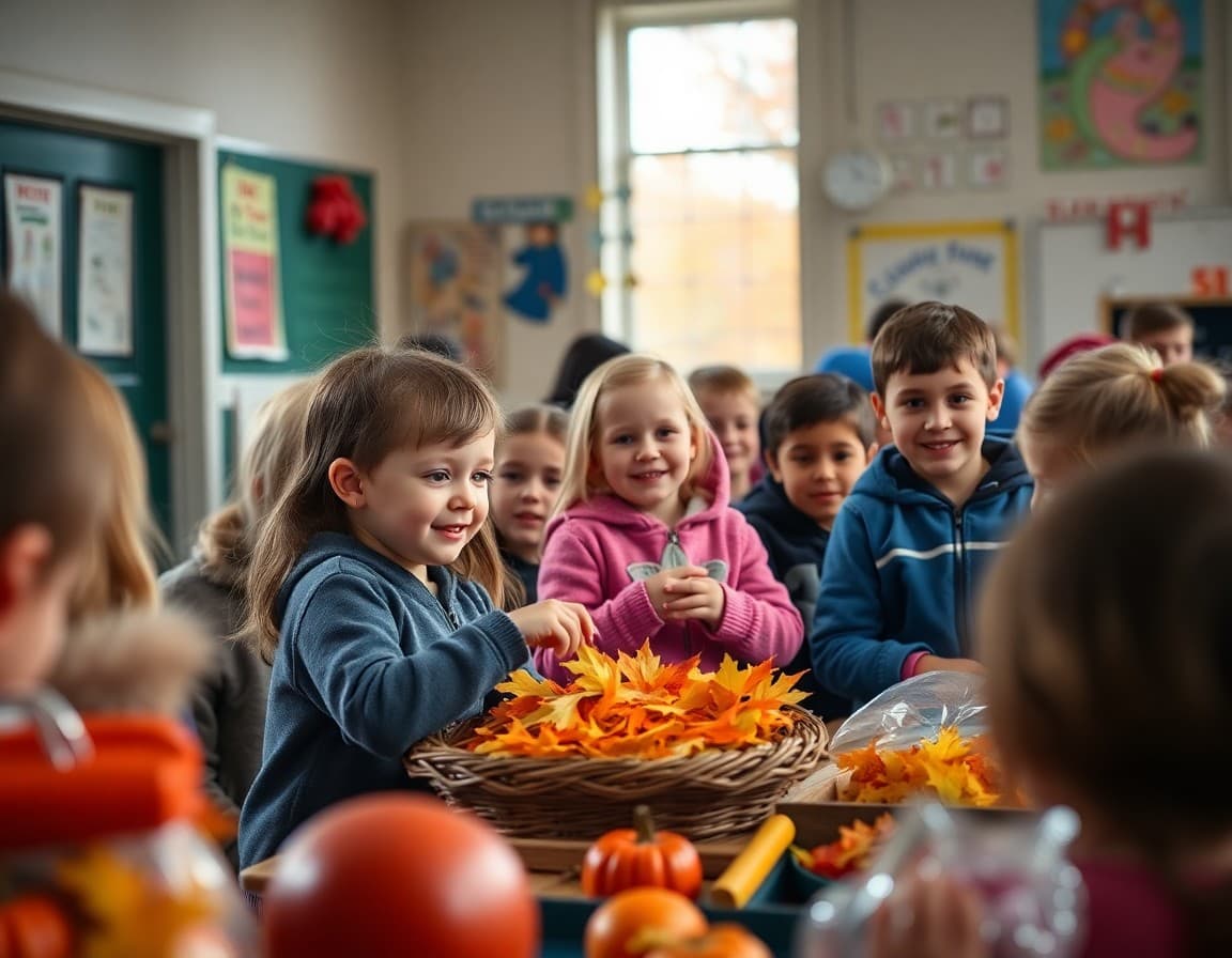 Elementary school families at a fall harvest festival at a New Hampshire school with autumn foliage