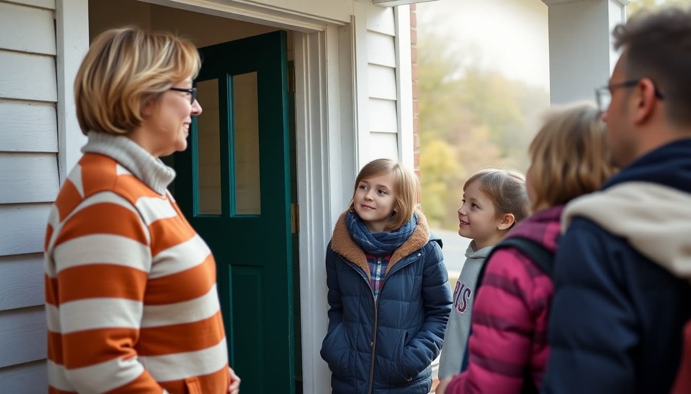 New Hampshire elementary school teacher talking with parents outside a school in a New England village