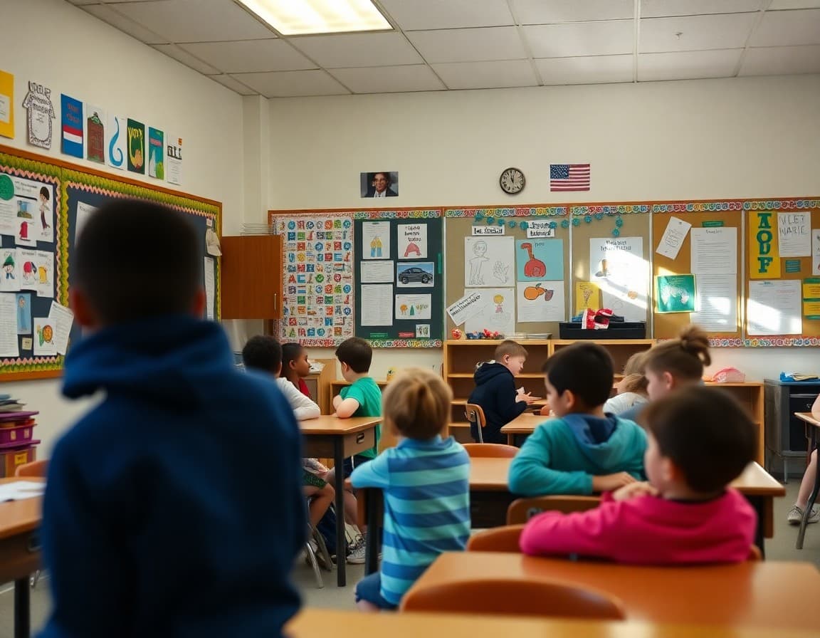 Elementary classroom in New Hampshire with student work displayed on bulletin boards