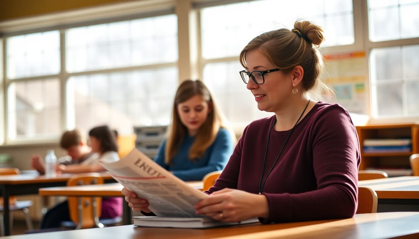 New Hampshire elementary school teacher reviewing newsletter drafts for K-5 parent communication
