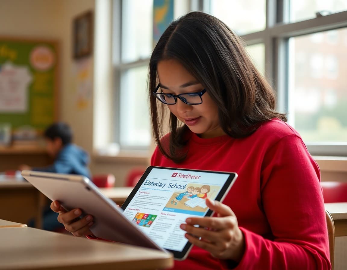 Parent reading elementary school newsletter on a tablet in a New Jersey suburb