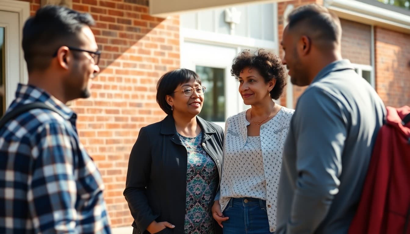 New Jersey elementary school teacher talking with parents outside school building on a sunny day