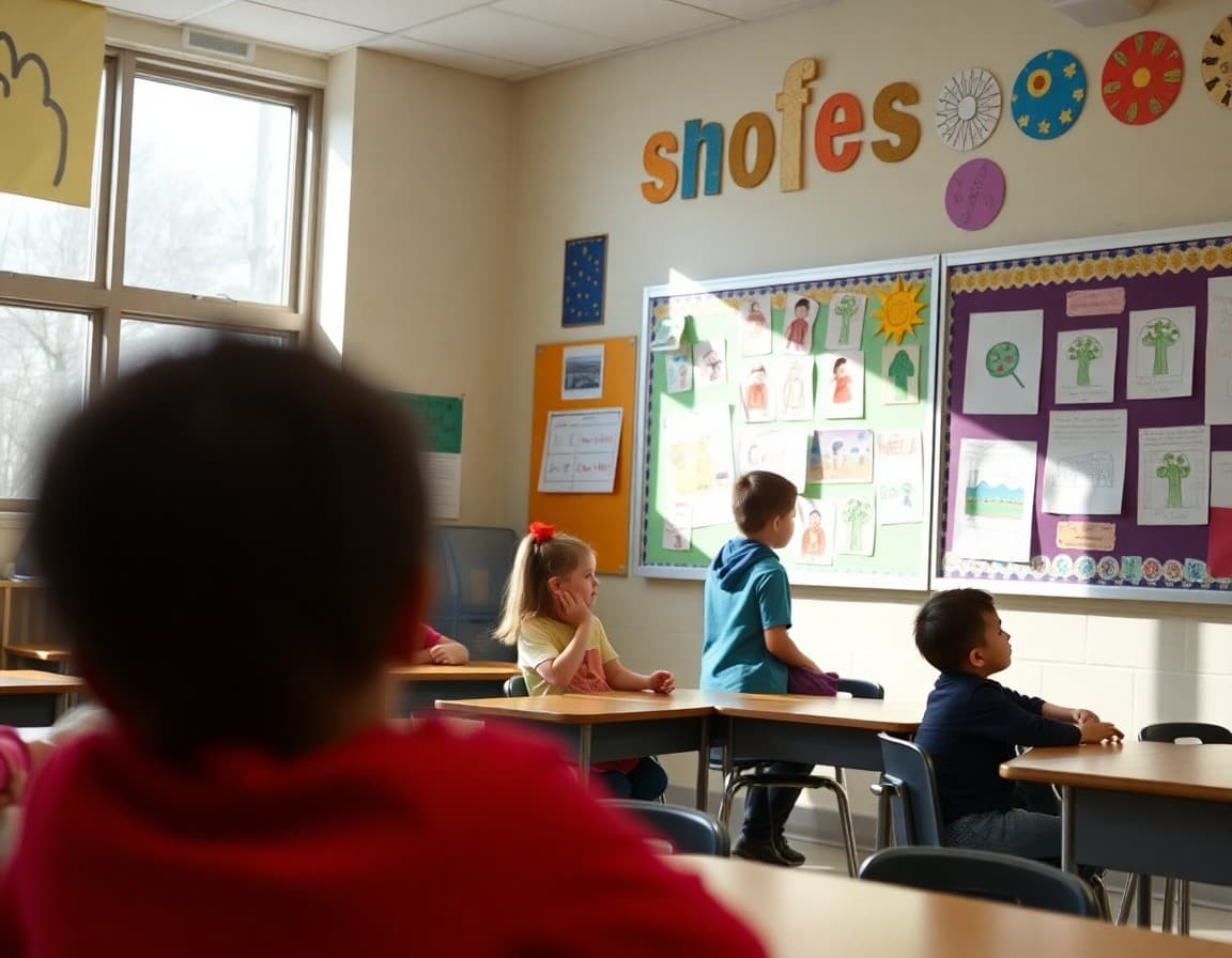 Elementary classroom in New Jersey with student work displayed on bulletin boards