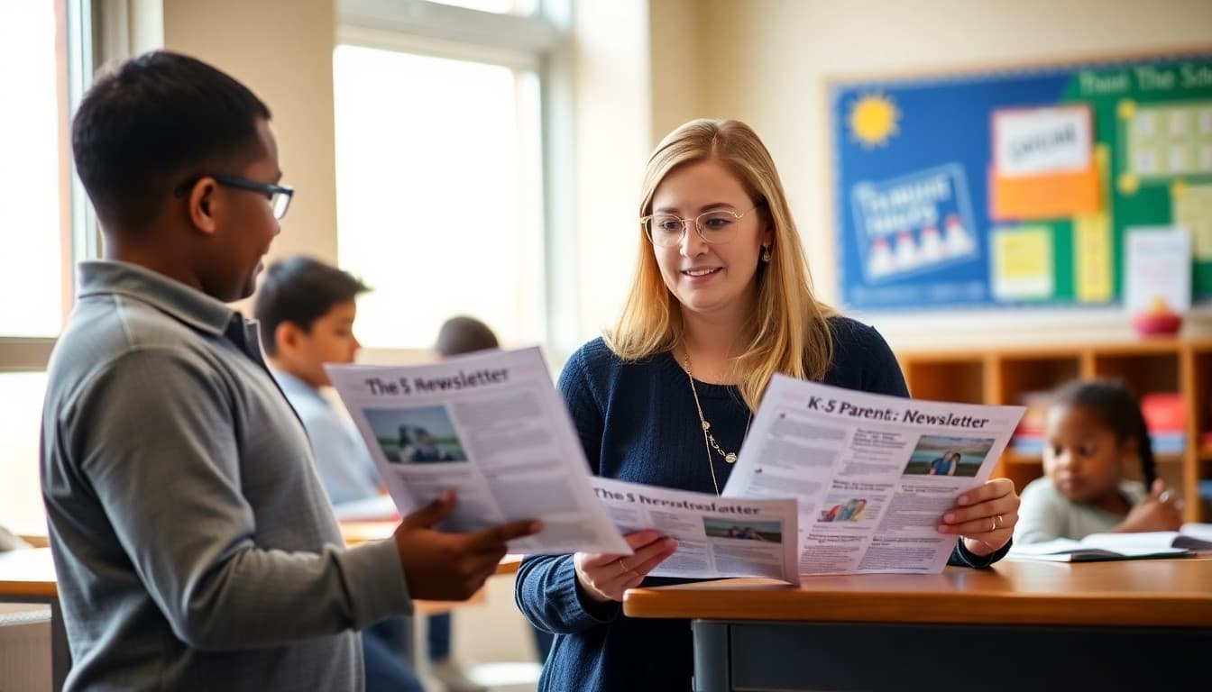 New Jersey elementary school teacher reviewing newsletter drafts for K-5 parent communication