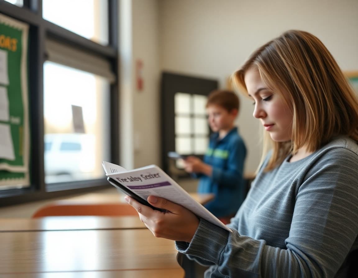 Parent reading elementary school newsletter on phone in New Mexico desert town