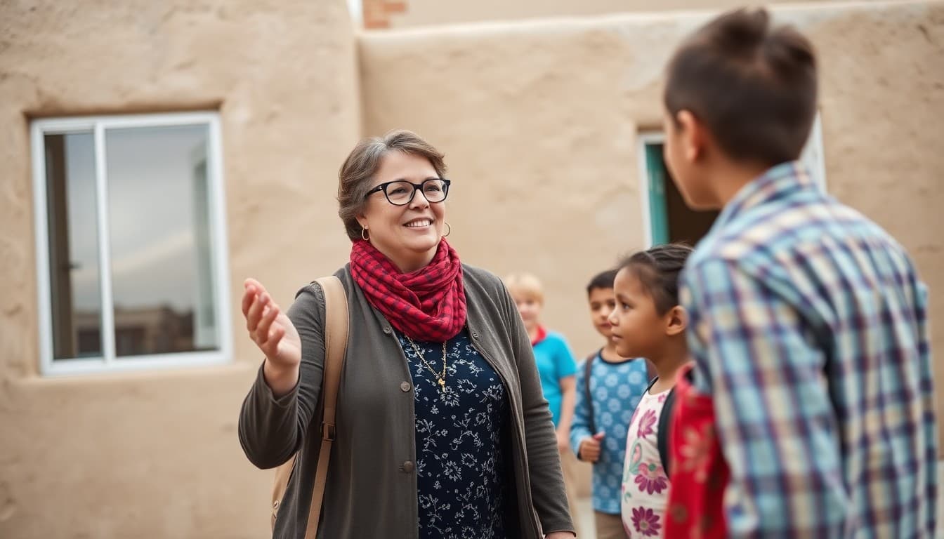 New Mexico elementary school teacher greeting families outside adobe-style school building