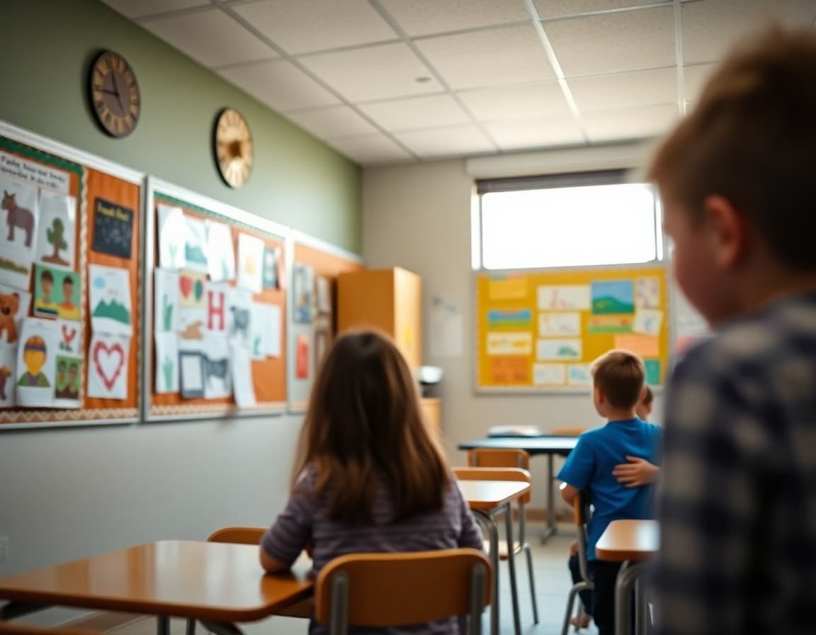 Elementary classroom in New Mexico with student work displayed on bulletin boards