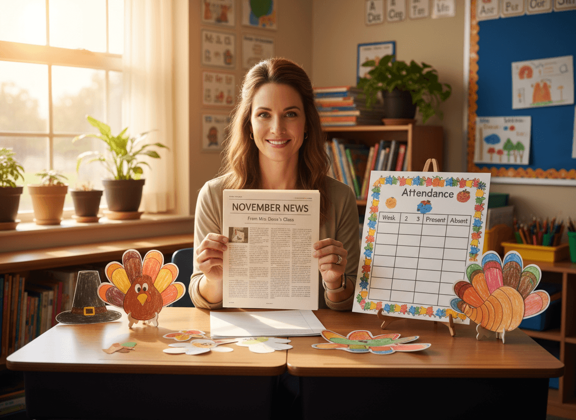 Elementary teacher reviewing November newsletter with attendance chart and student Thanksgiving art on desk