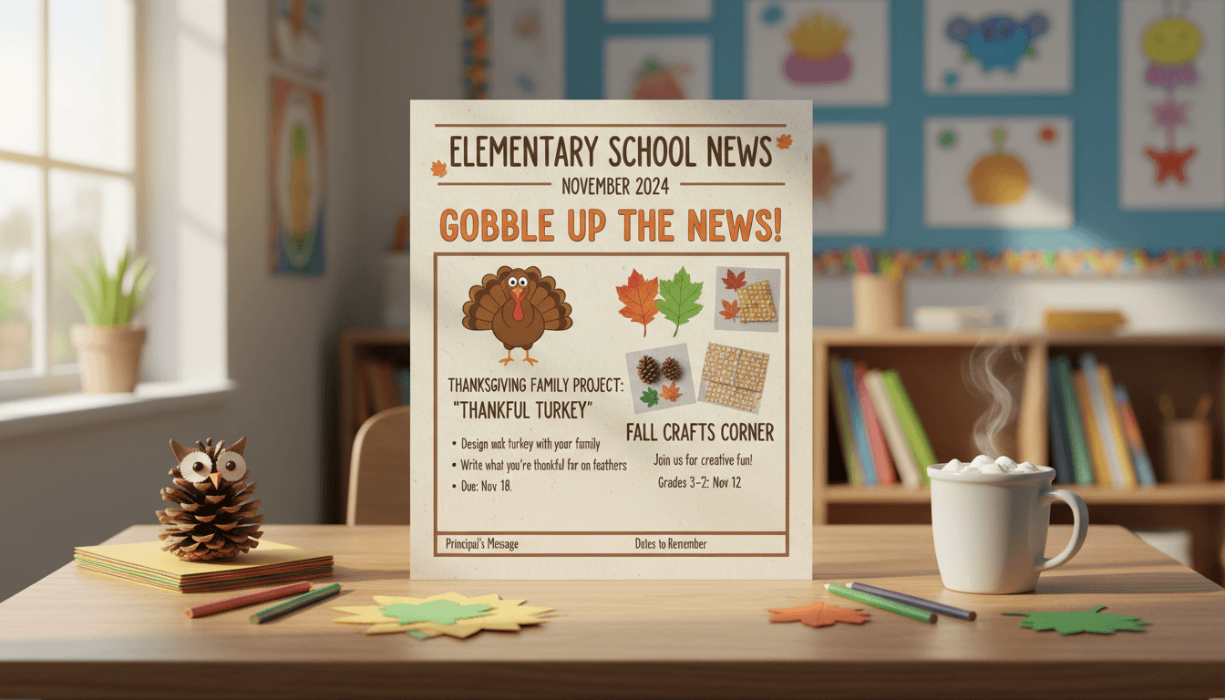 Elementary school November newsletter template with Thanksgiving family project section and fall crafts visible