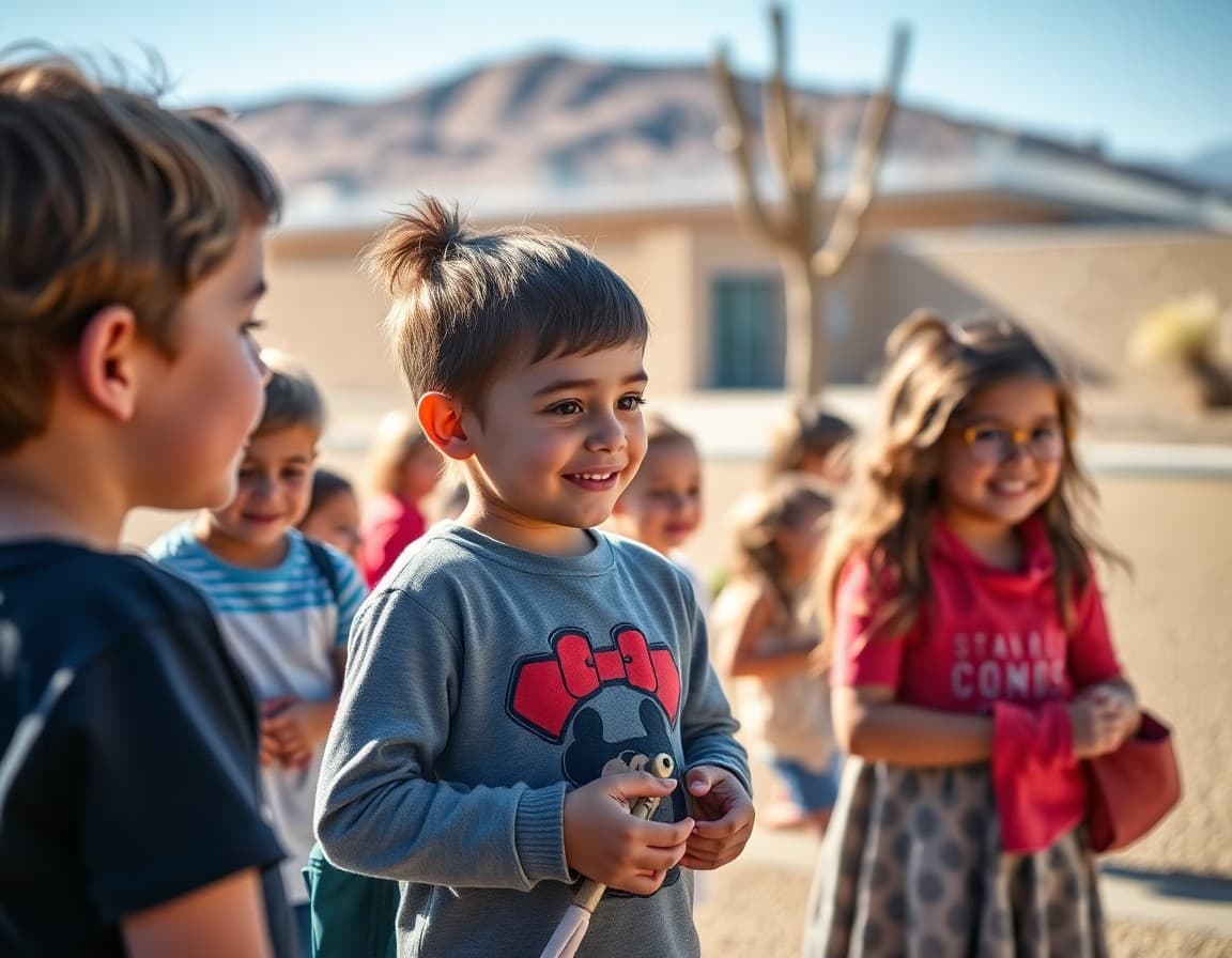 Elementary school children and families at an outdoor event at a Nevada school in the desert Southwest