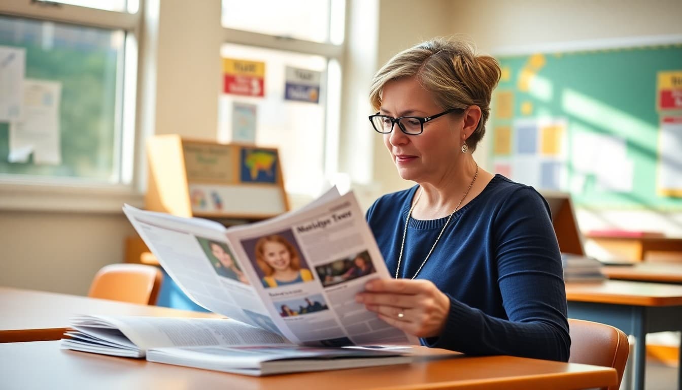 Nevada elementary school teacher reviewing newsletter drafts for K-5 parent communication