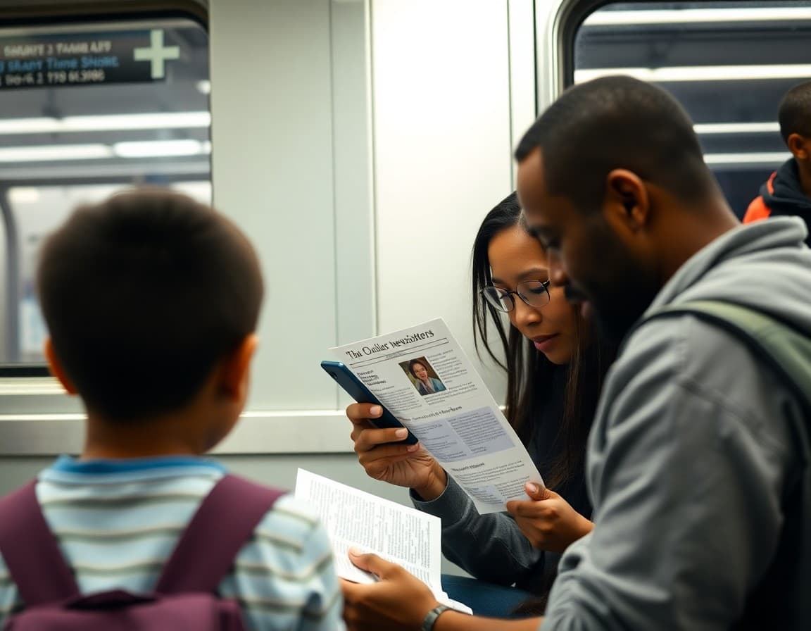 Parent reading school newsletter on phone while riding New York City subway