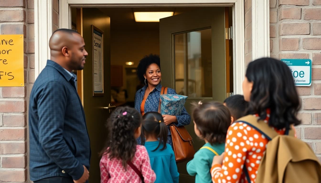 New York elementary school teacher welcoming diverse families at school entrance in the morning