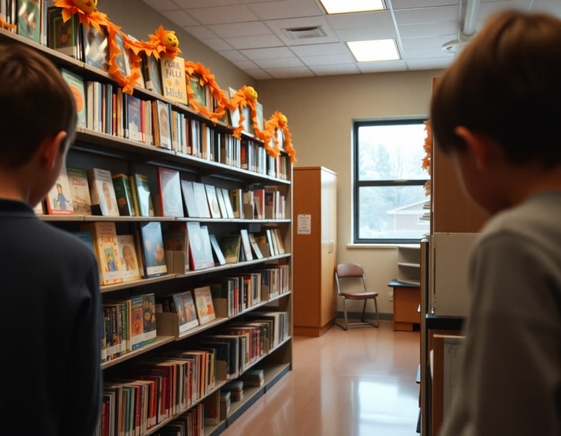 Library shelves filled with picture books and chapter books decorated with fall and Halloween themed displays