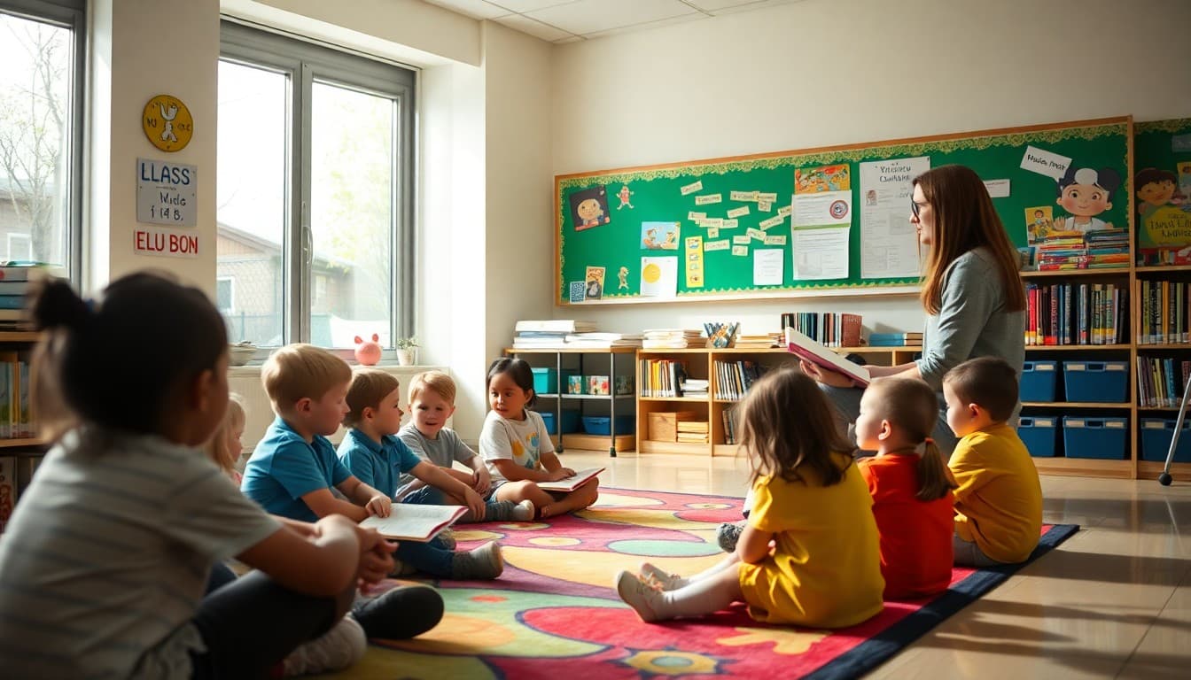 Elementary school librarian reading aloud to a group of students seated on a colorful rug