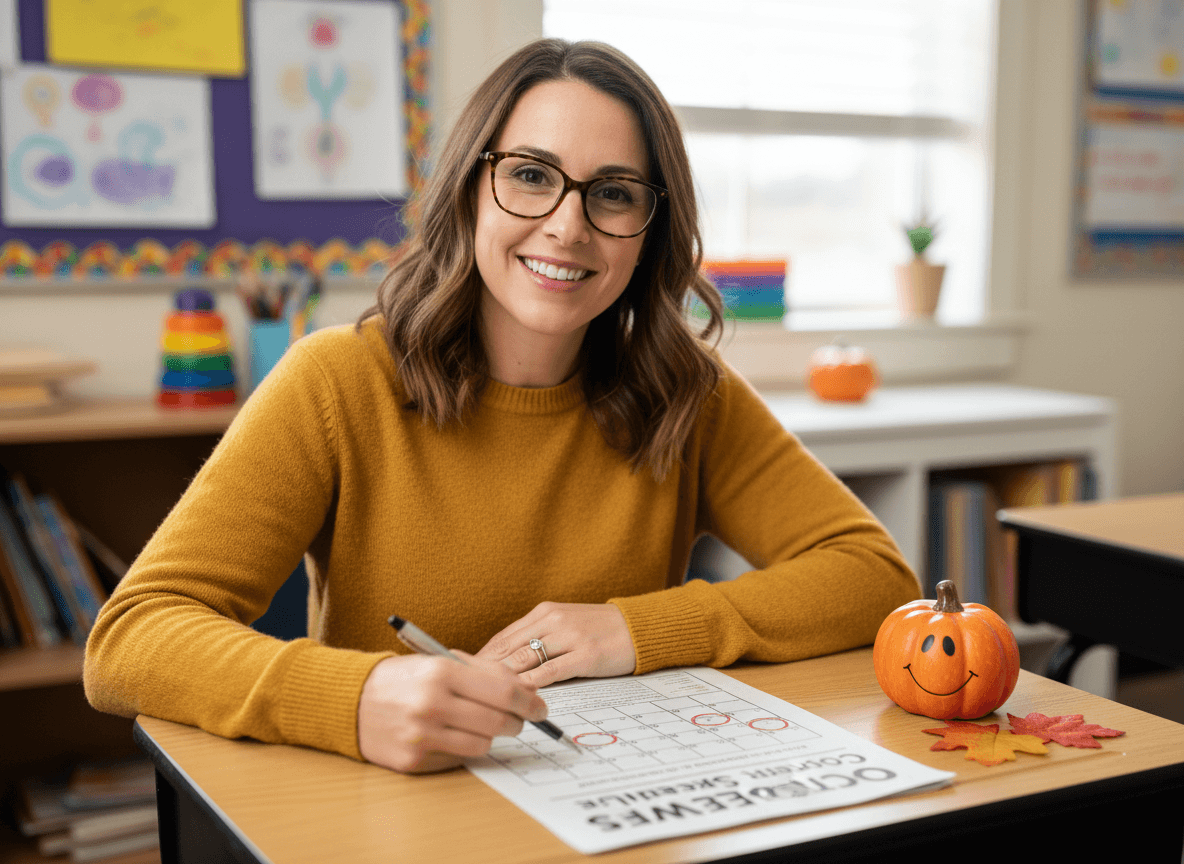 Elementary teacher reviewing October newsletter with conference schedule calendar and pumpkin decorations on desk