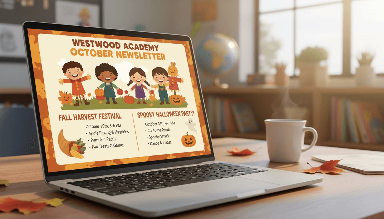 Elementary school October newsletter template with fall harvest and Halloween party section visible on screen