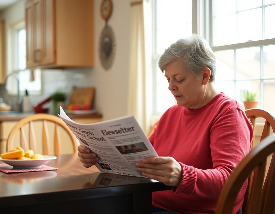 Parent reading elementary school newsletter at kitchen table in Ohio suburb