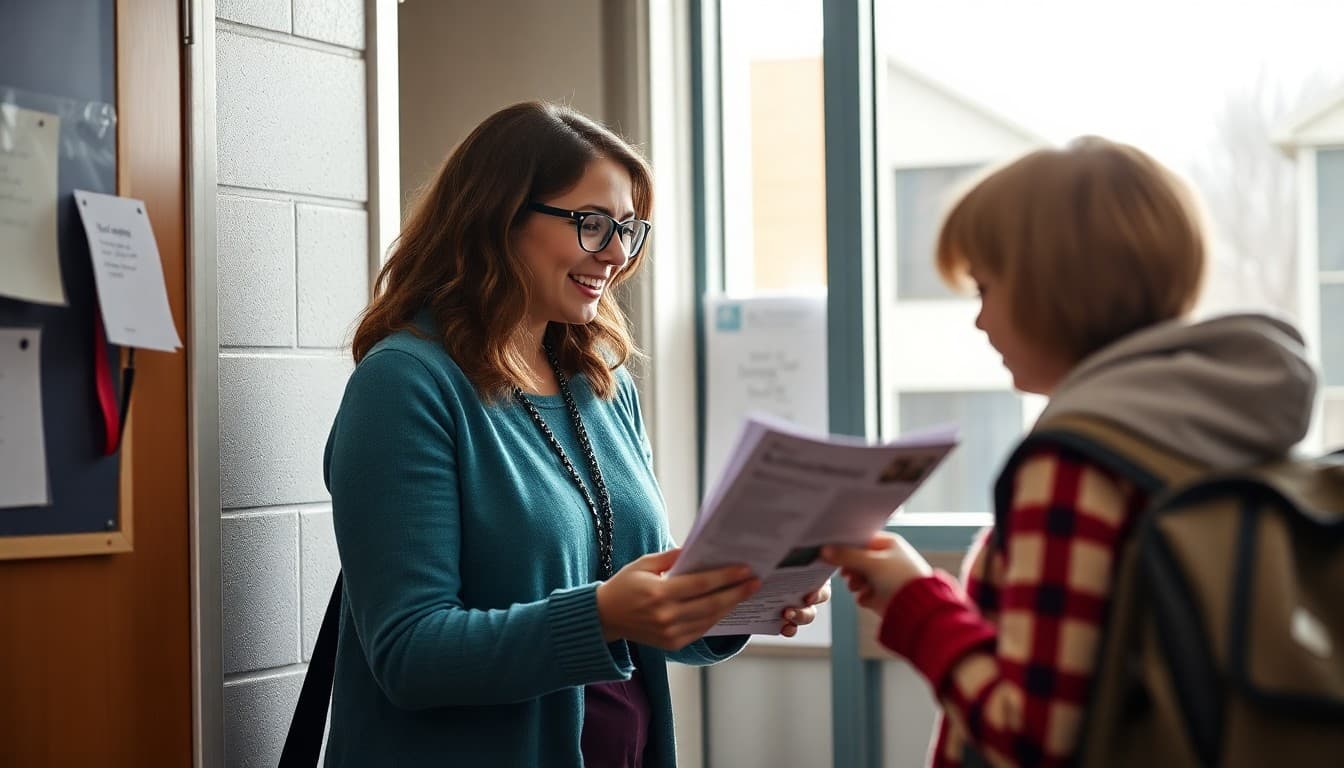 Ohio elementary school teacher sharing newsletter with parent at classroom door on a fall morning
