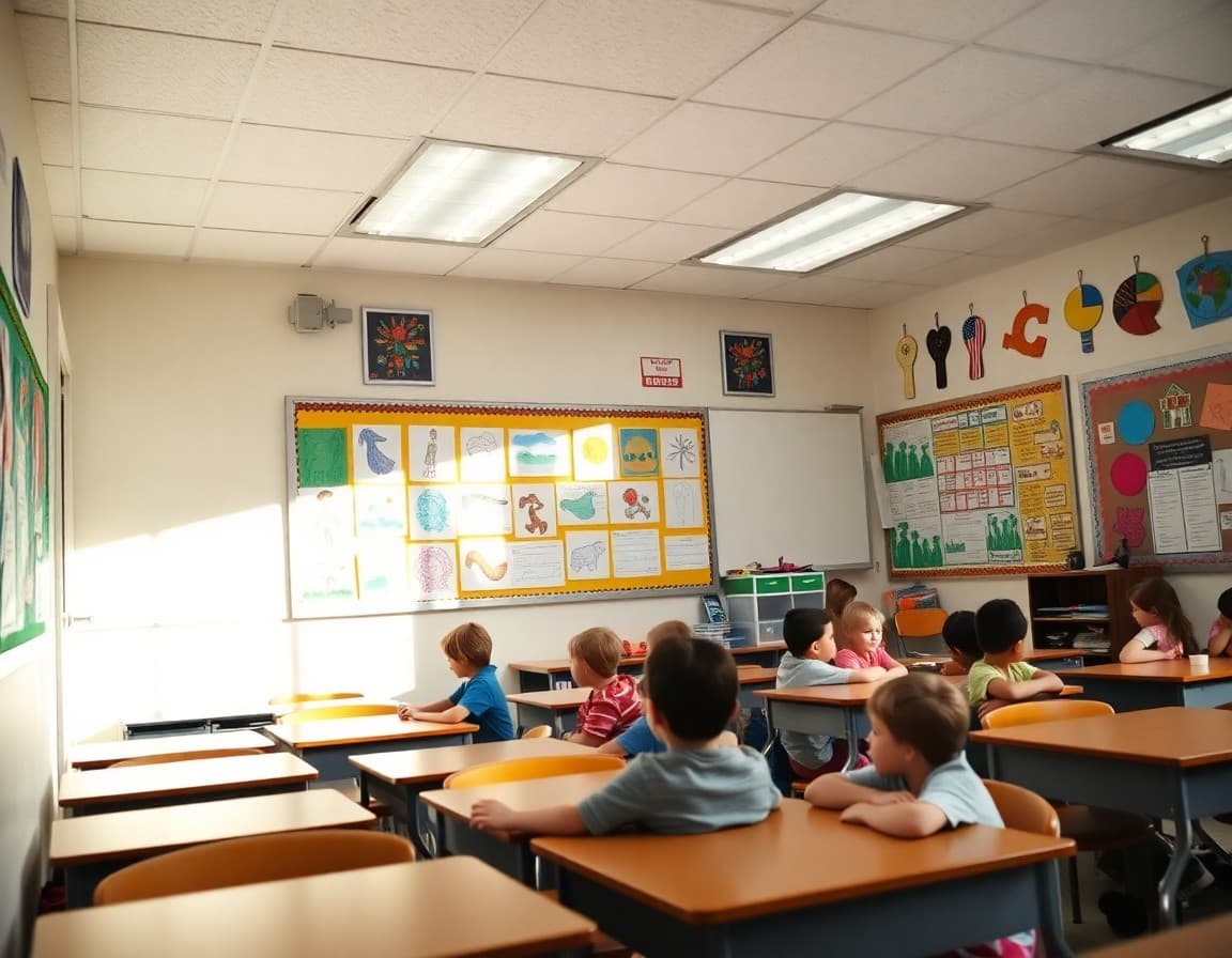 Elementary classroom in Ohio with student work displayed on bulletin boards