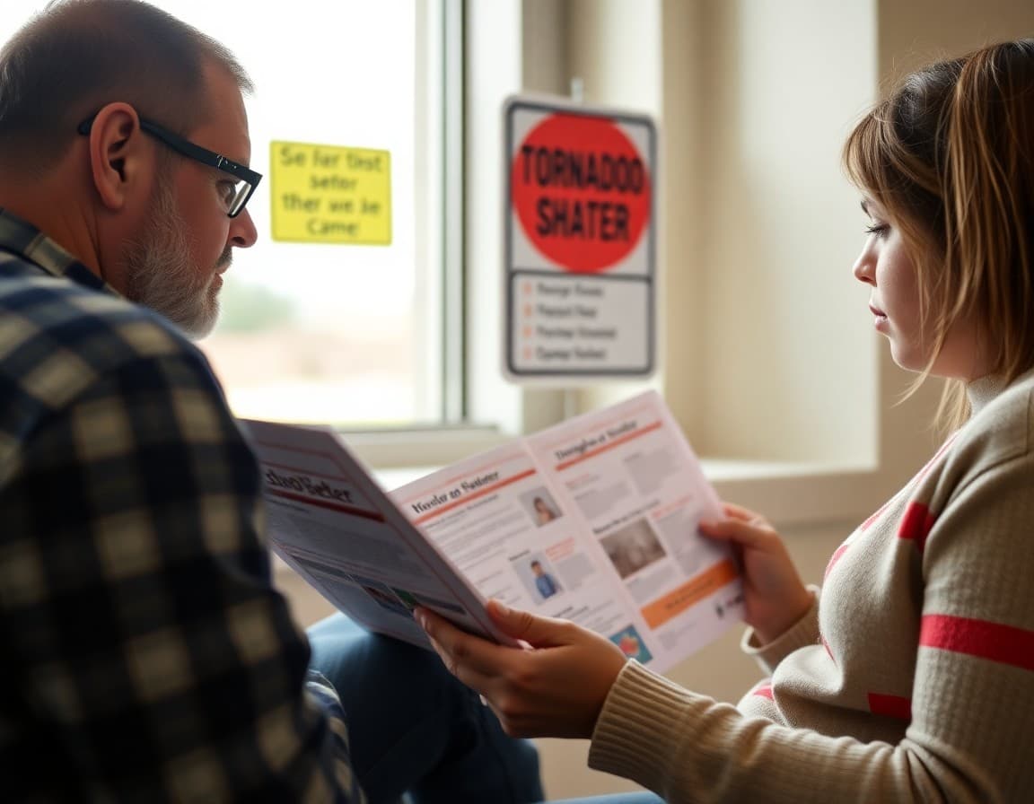 Parent reading school newsletter in Oklahoma with tornado shelter sign visible in background