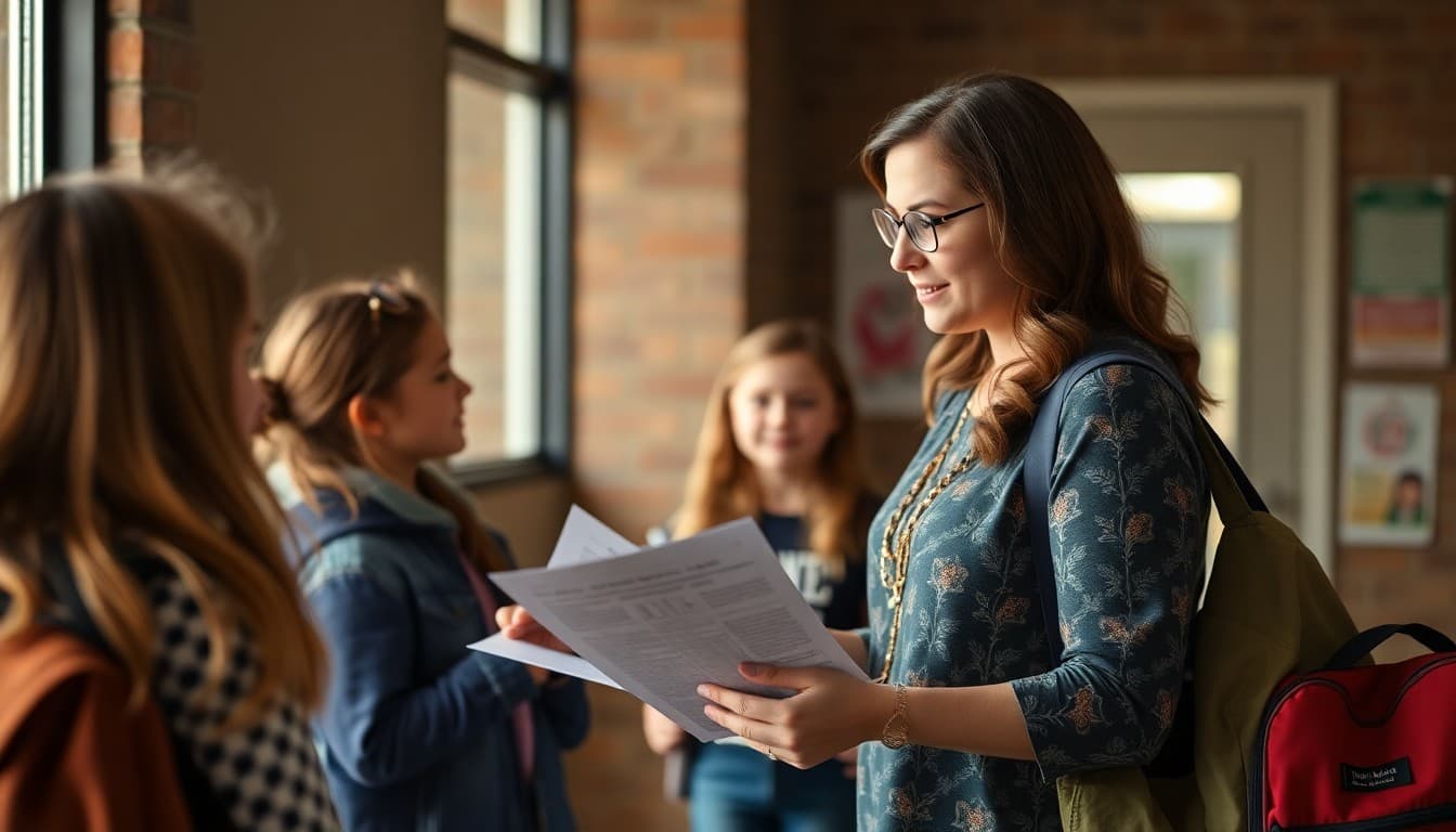 Oklahoma elementary school teacher distributing newsletters to parents at school pickup
