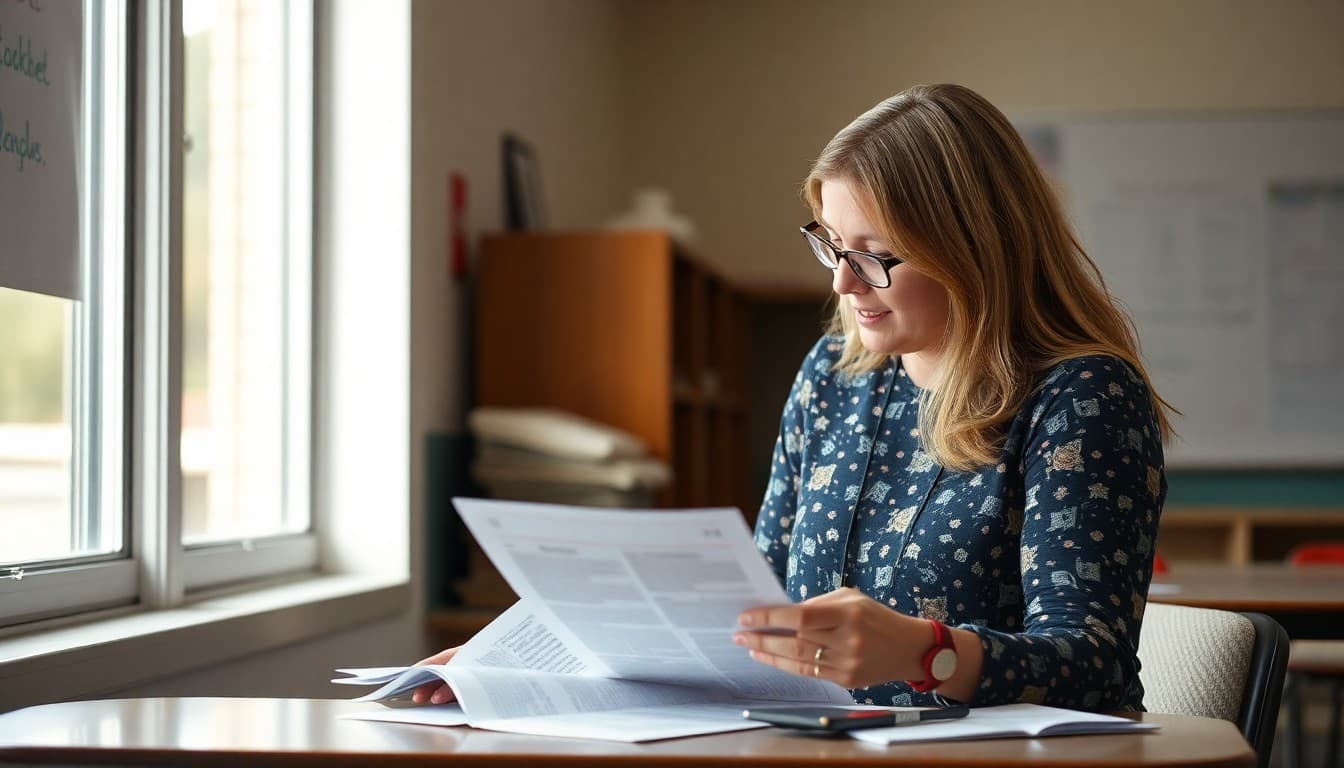 Oklahoma elementary school teacher reviewing newsletter drafts for K-5 parent communication