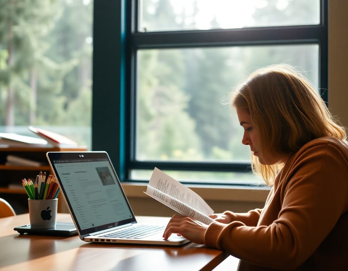 Parent reading school newsletter on laptop surrounded by Pacific Northwest forest scenery