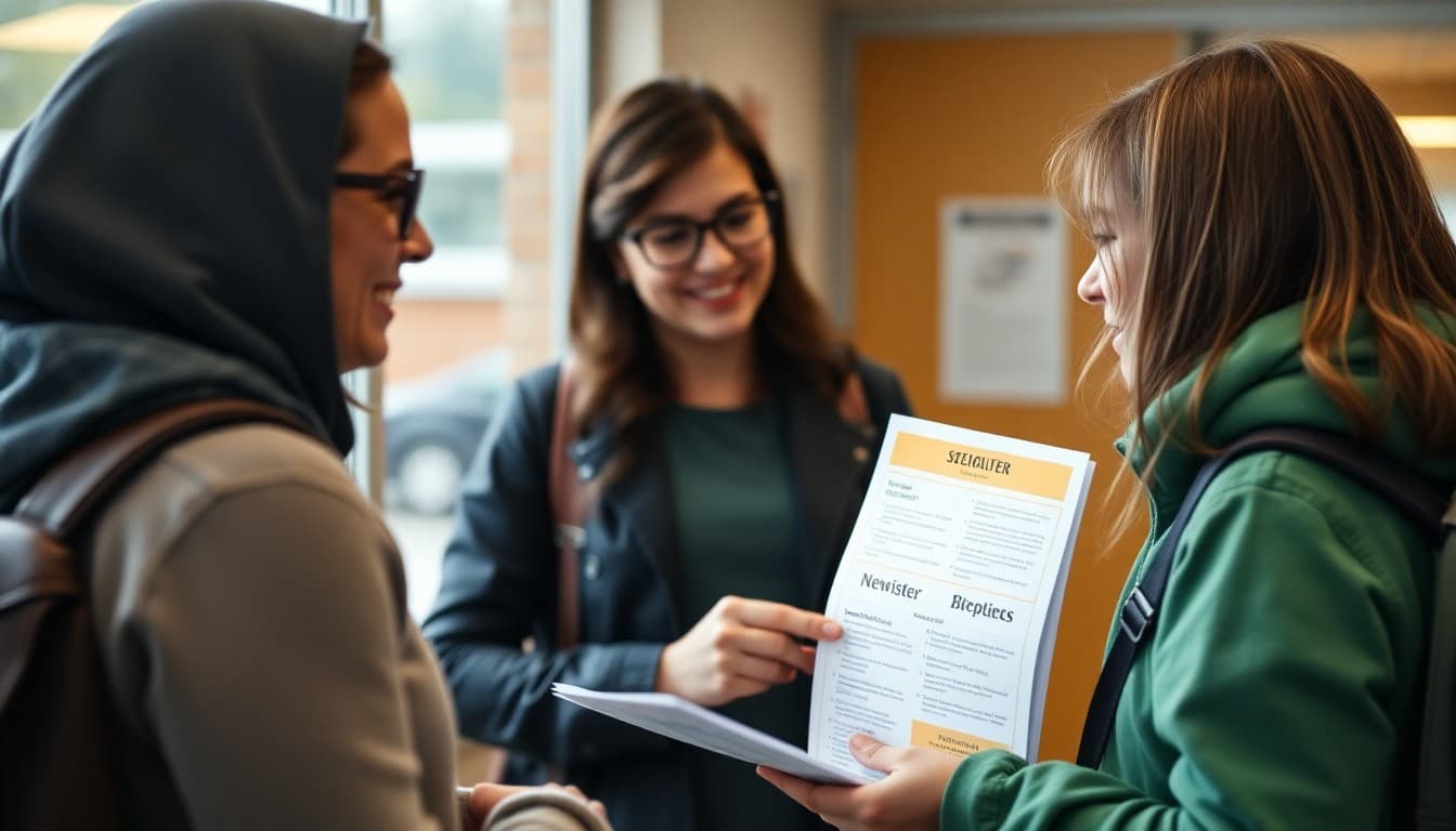 Oregon elementary school teacher sharing newsletter with parent at rainy day school pickup