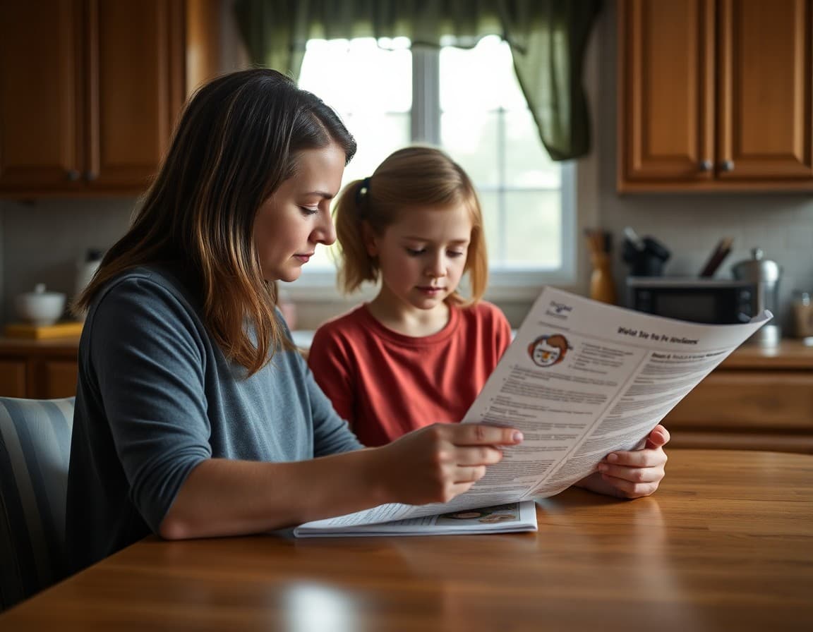 Parent reviewing school newsletter on kitchen table in Pennsylvania suburban home