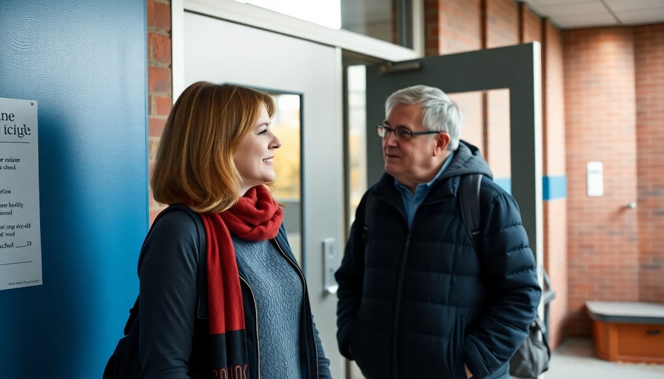 Pennsylvania elementary school teacher talking with parent at school entrance on a fall morning