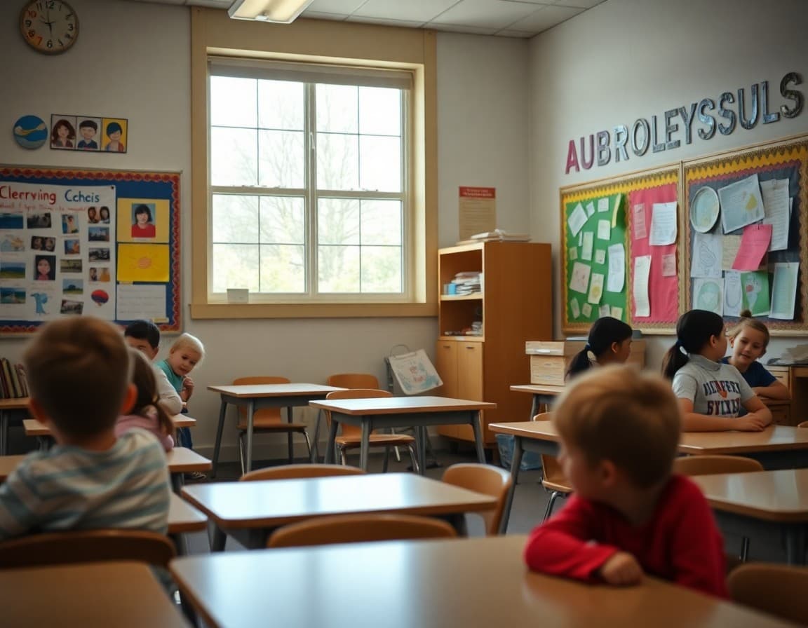 Elementary classroom in Pennsylvania with student work displayed on bulletin boards