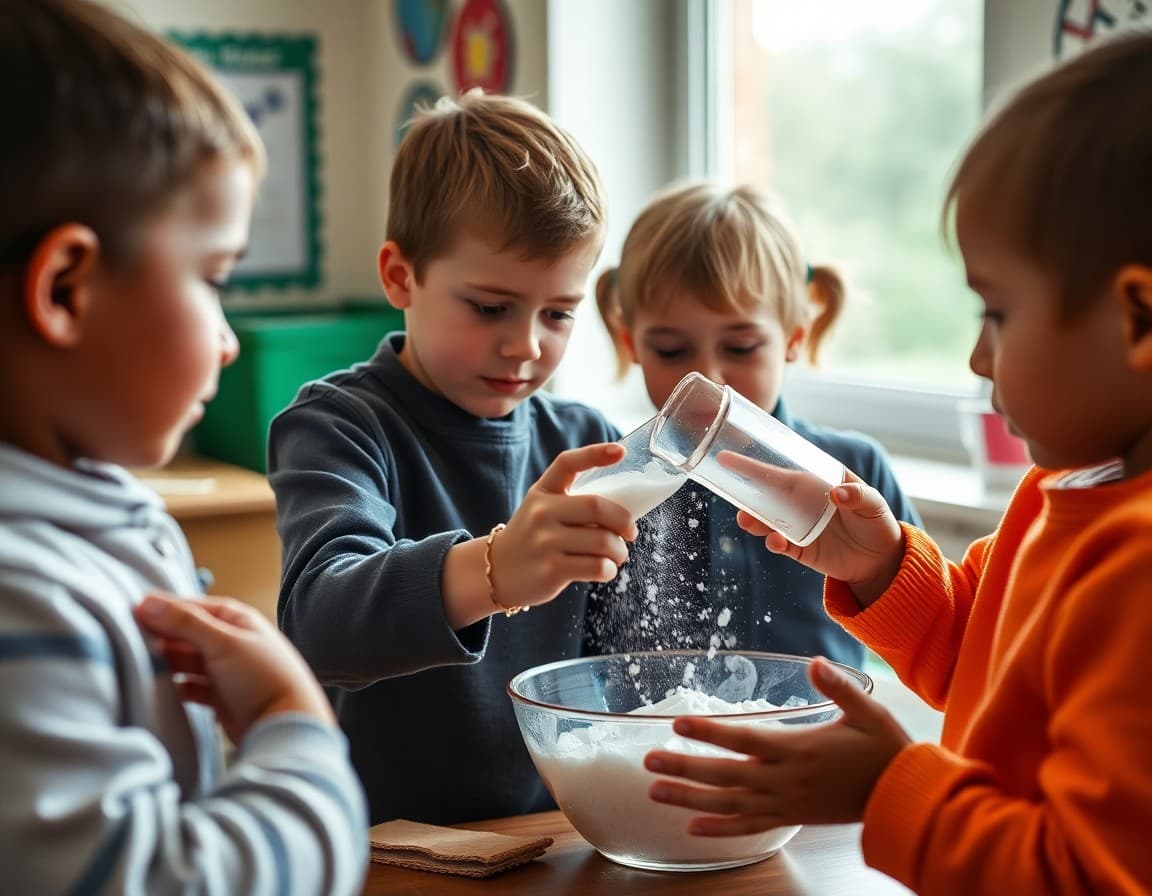 Children mixing baking soda and vinegar in a physical science experiment at school