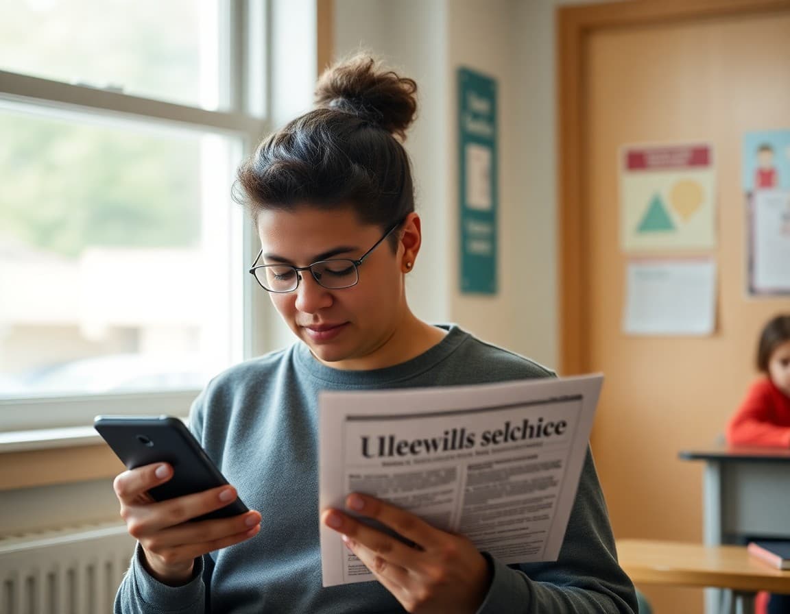 Parent reading school newsletter on phone in Rhode Island neighborhood