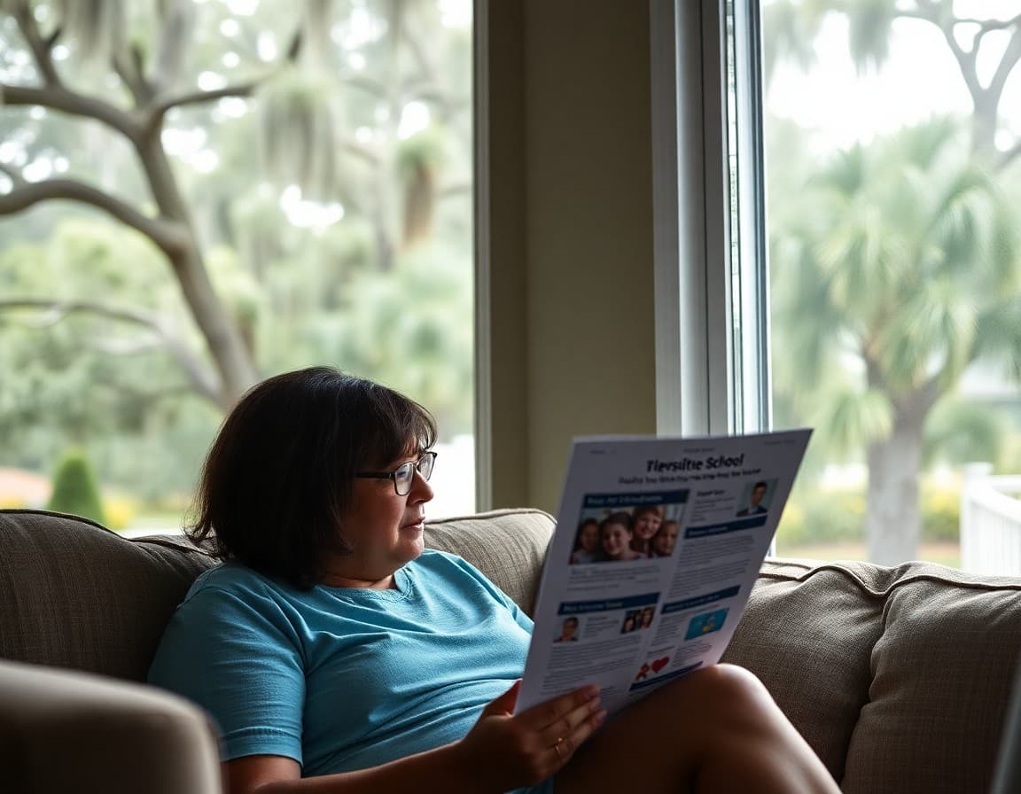 Parent reading elementary school newsletter at home in South Carolina with Spanish moss trees outside