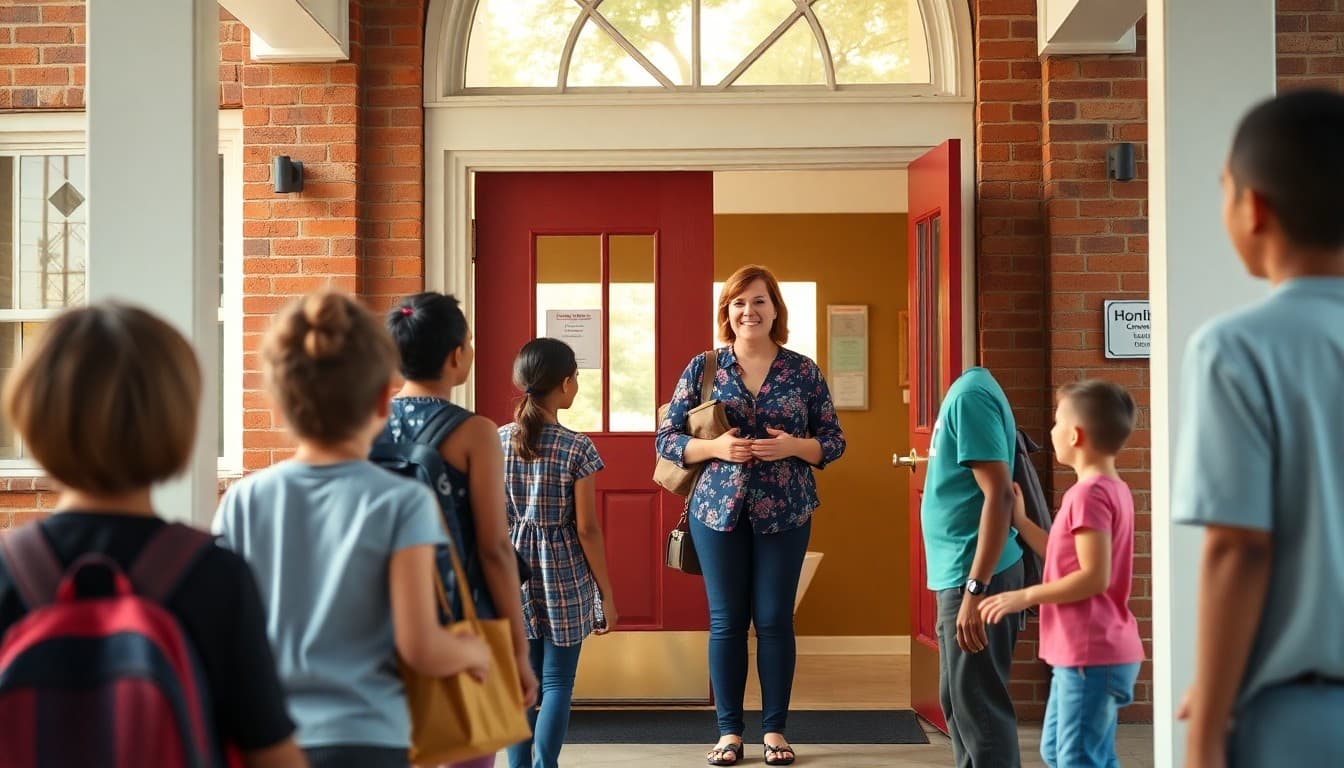 South Carolina elementary school teacher welcoming families at front entrance on a warm morning