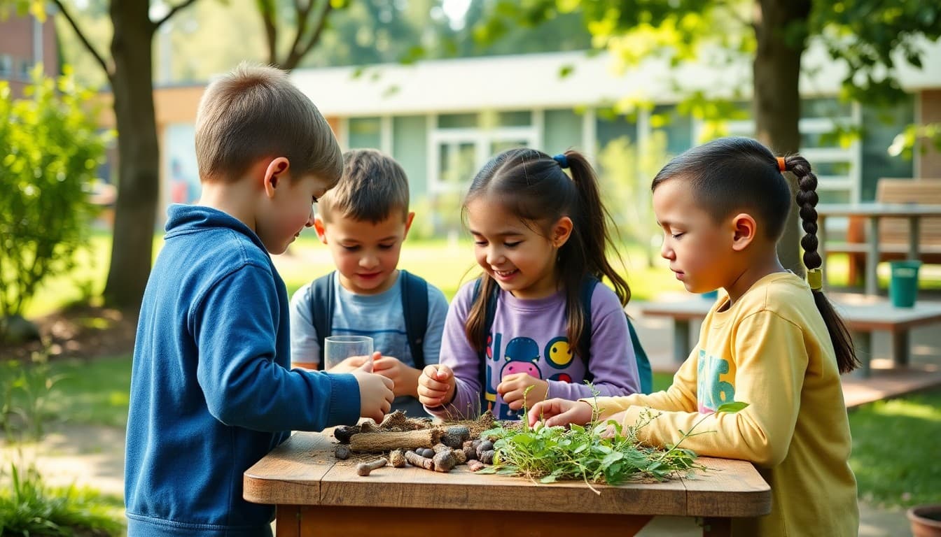 Elementary students using new outdoor classroom for nature-based learning activities on school grounds